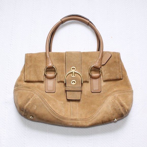 Coach Tan Suede Leather Shoulder Bag Foldover Flap